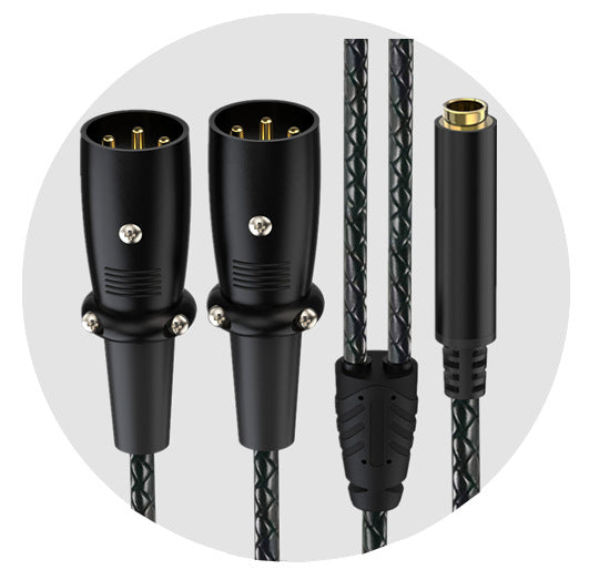 Black audio cable with XLR connectors and a gold-plated TRS connector, shown against a light gray circular background.