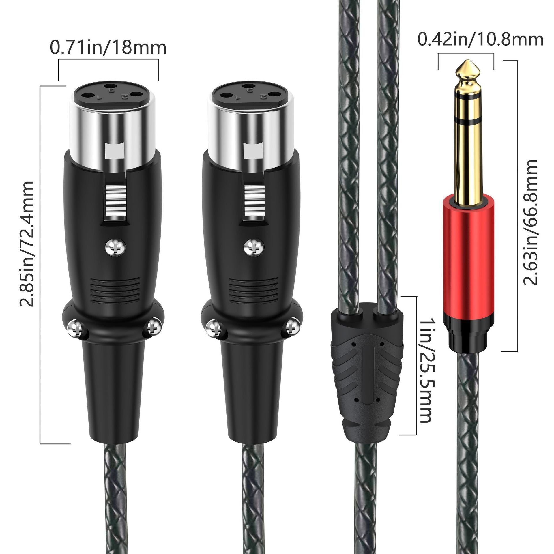 Black audio cable with XLR and 1/4-inch jack connectors, shown with dimension labels on a white background.