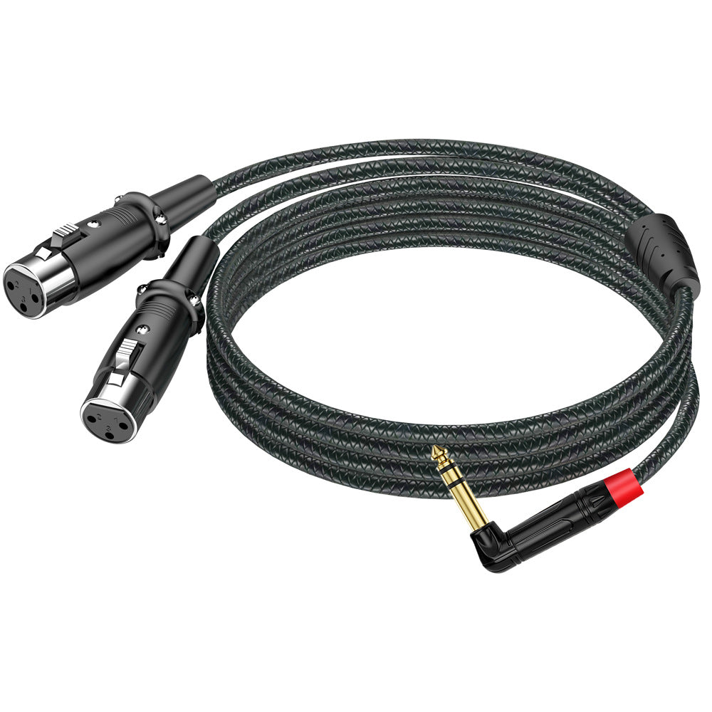 Right-angle 6.35mm TRS stereo male to dual straight XLR female audio breakout cable