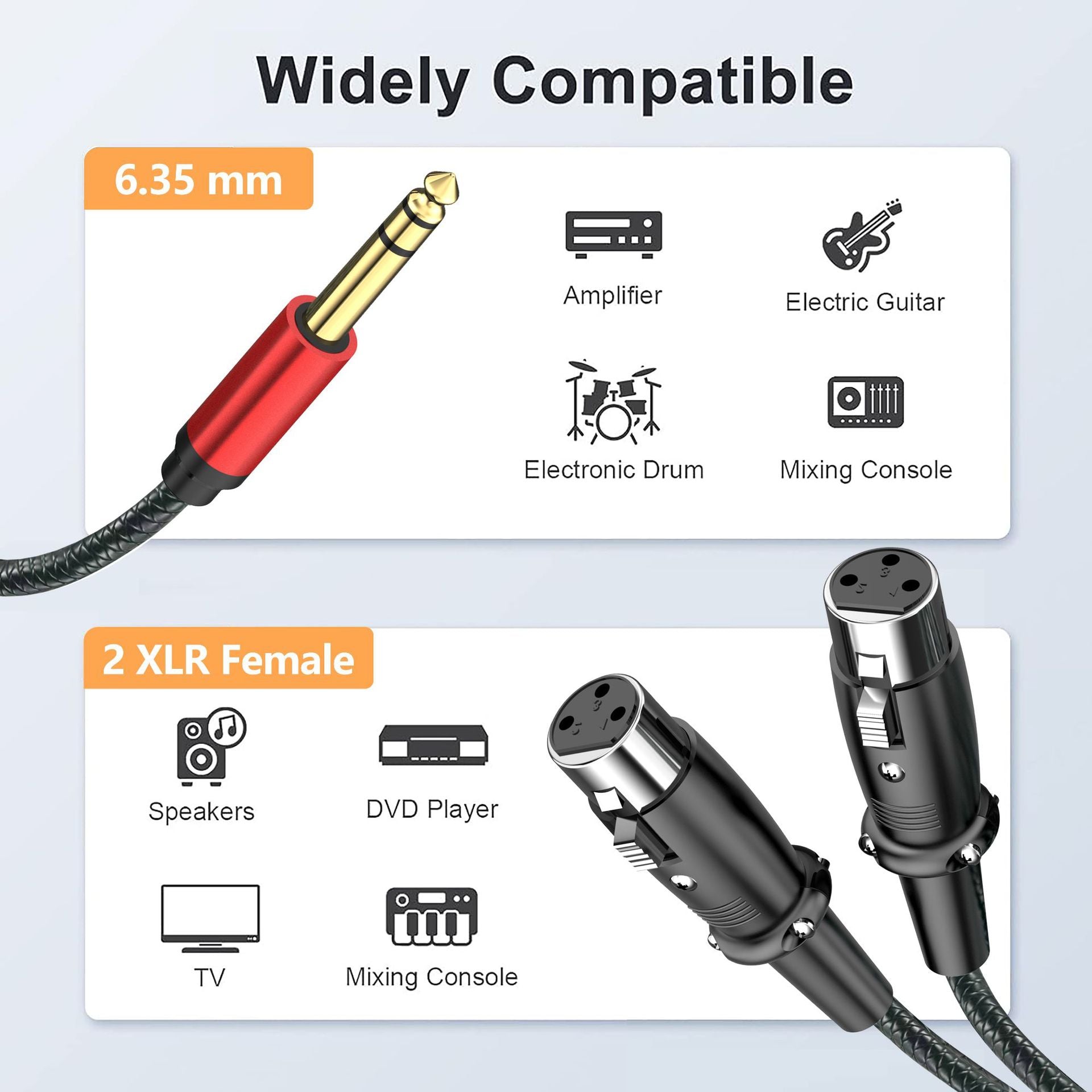 Audio adapter cable showing a 6.35 mm male jack and two 2 XLR female connectors on a light gray background, with text indicating wide compatibility for amplifiers, electric guitars, electronic drums, mixing consoles, speakers, DVD players, and TVs.