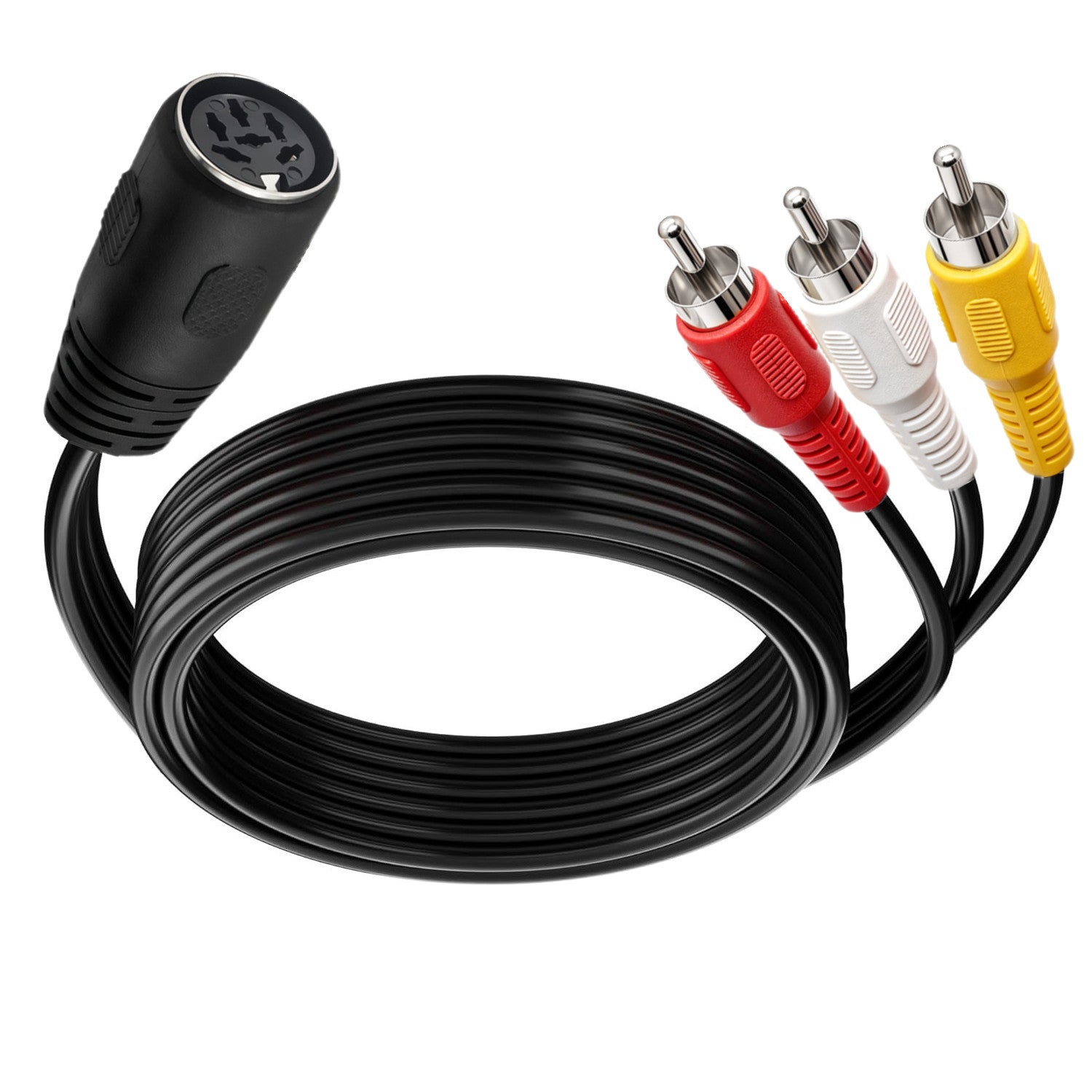 A black coaxial cable with a multi-pin connector on one end and three RCA-style audio/video plugs in red, white, and yellow on the other, shown on a plain white background.
