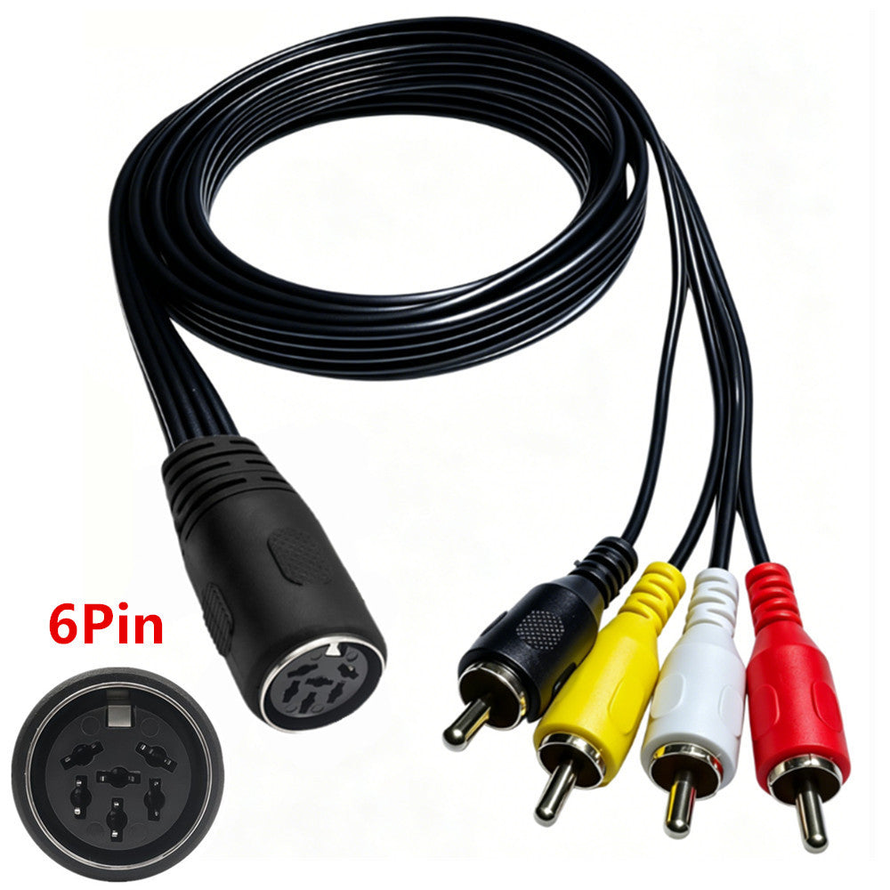 Close-up of 6-pin DIN female socket and four colour-coded RCA male plugs