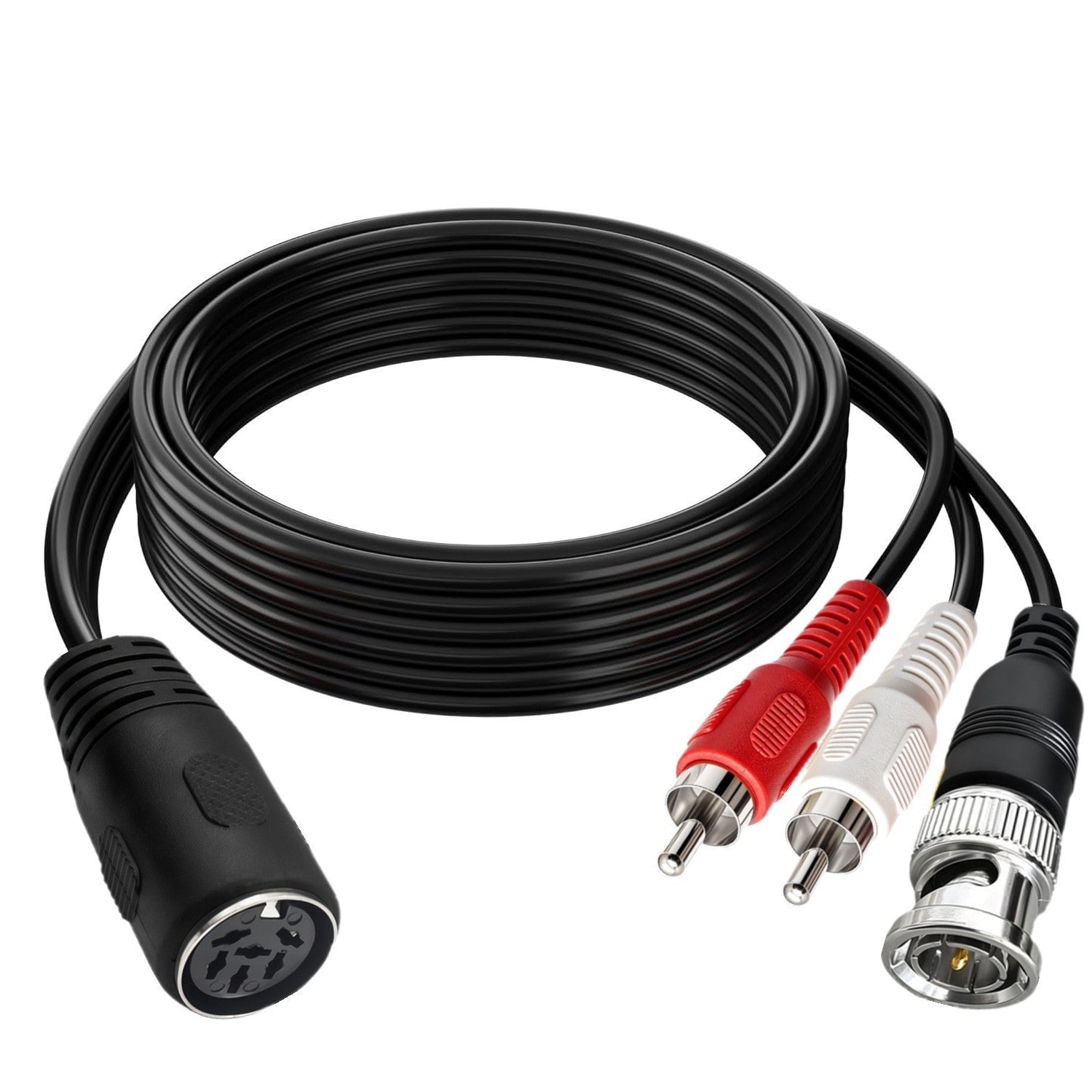 Close-up of 6-pin DIN female, red and white RCA male and BNC male connectors
