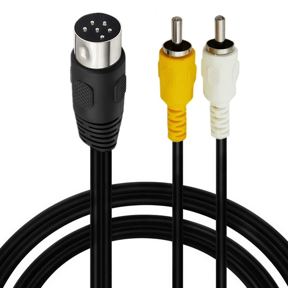 Close-up of 6-pin DIN plug with yellow video and white audio RCA connectors