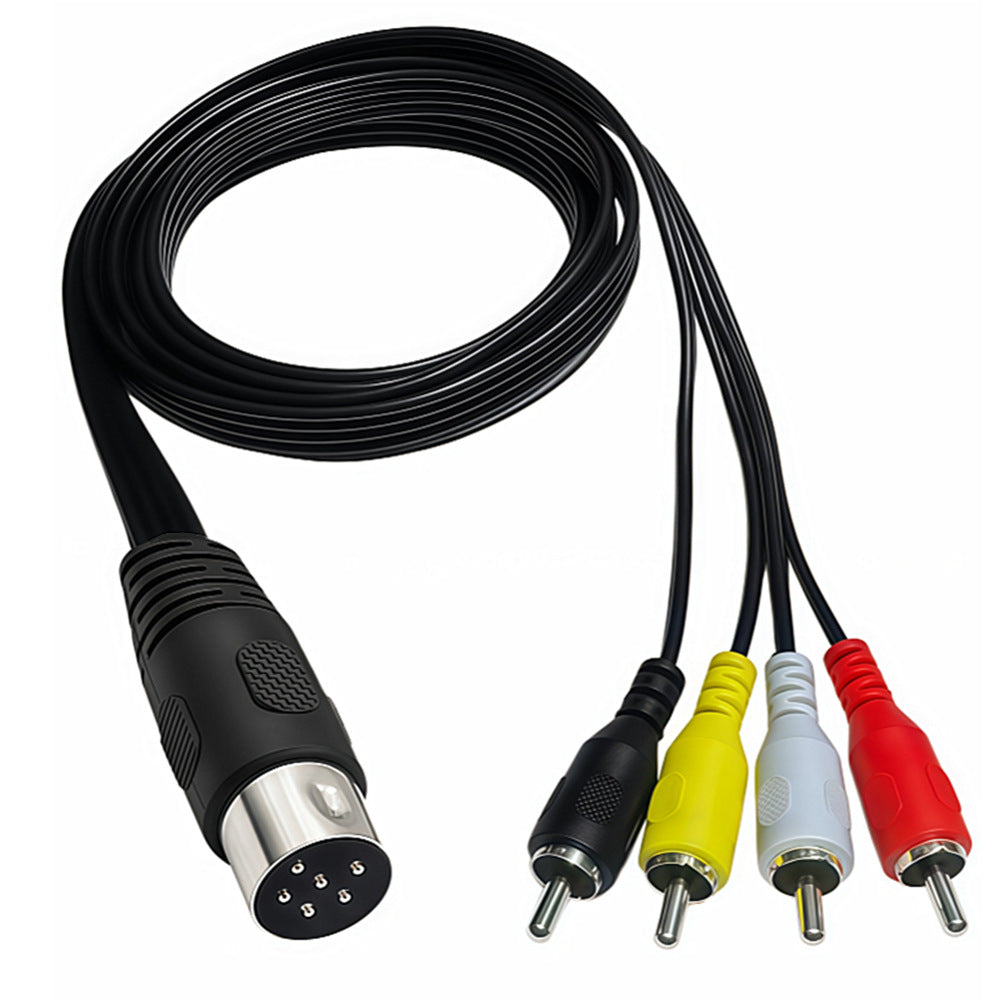 Close-up of 6-pin DIN male plug and four colour-coded RCA male connectors