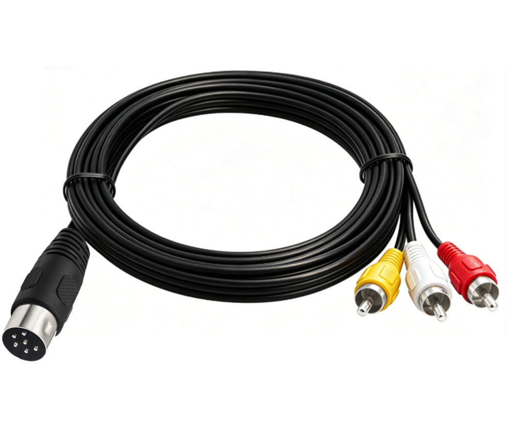 A coiled black audio/video cable with a multi-pin XLR connector on one end and three RCA connectors in yellow, white, and red on the other, shown on a plain white background.