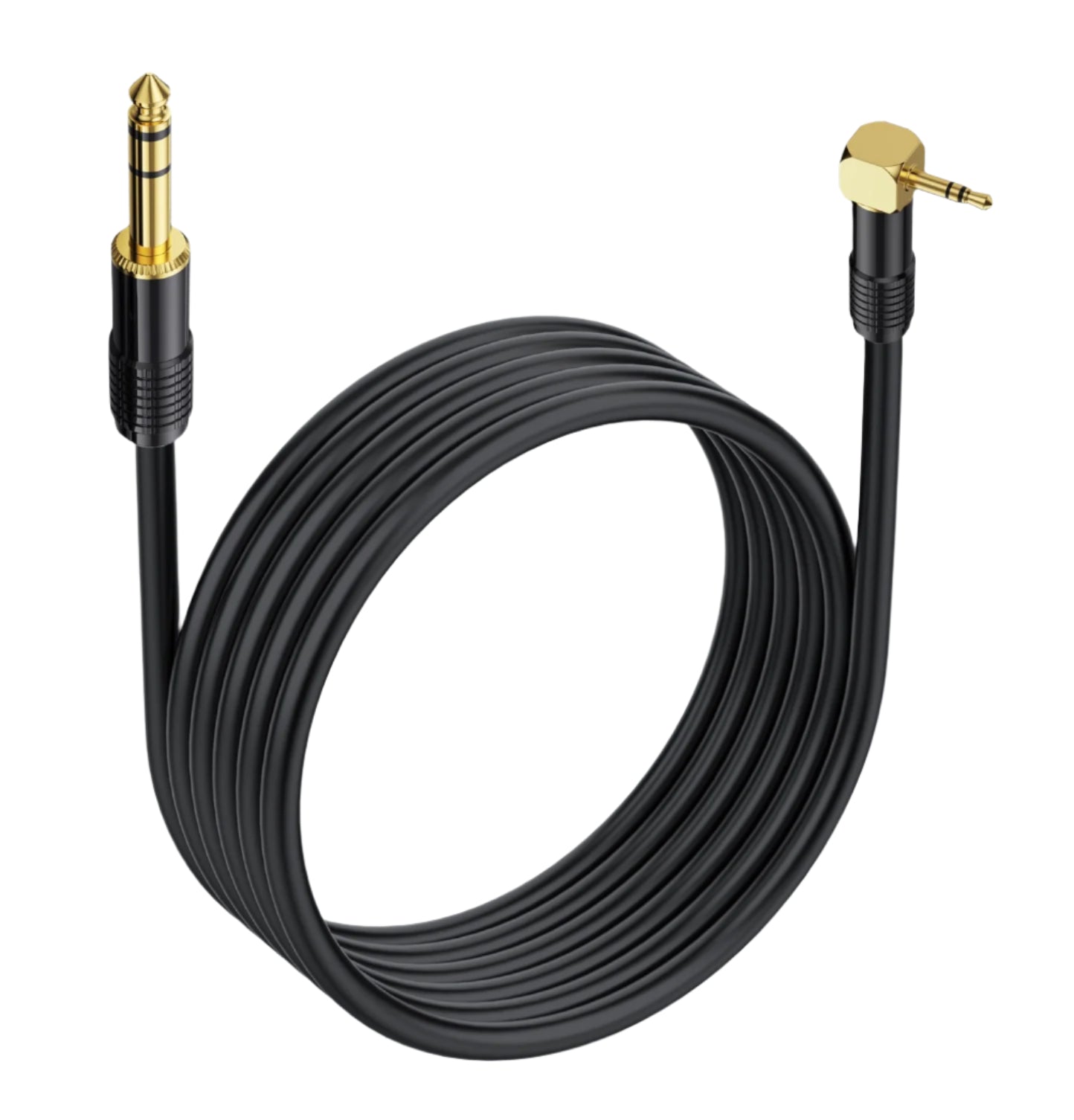 Black audio cable with gold connectors on a white background