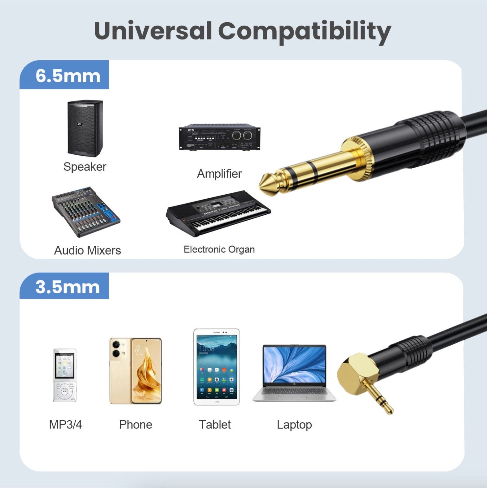 Diagram showing compatibility of 6.5mm and 3.5mm audio connectors with various electronic devices.