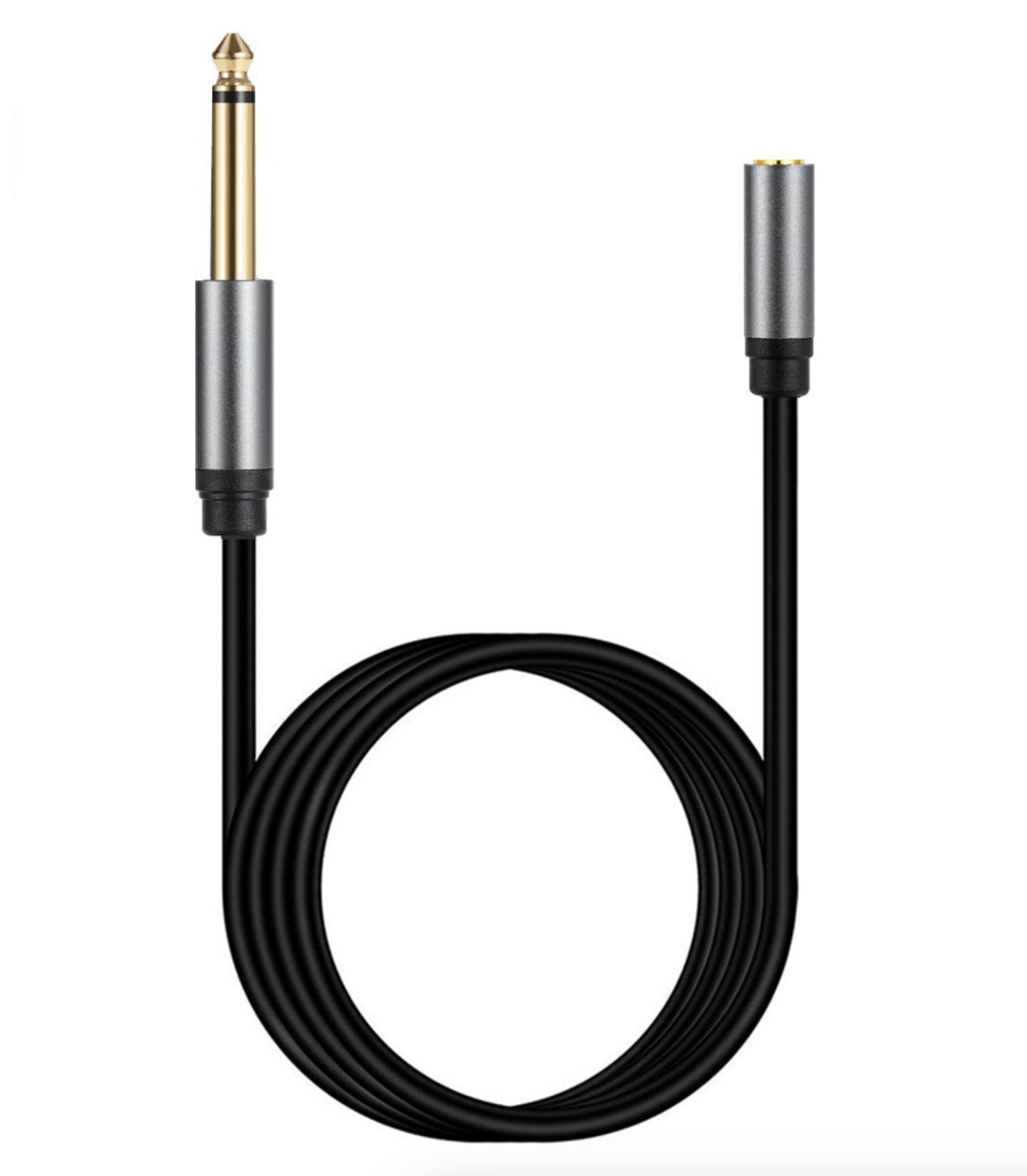 A black audio extension cable with a 6.35mm 1/4 inch mono male connector on one end and a 3.