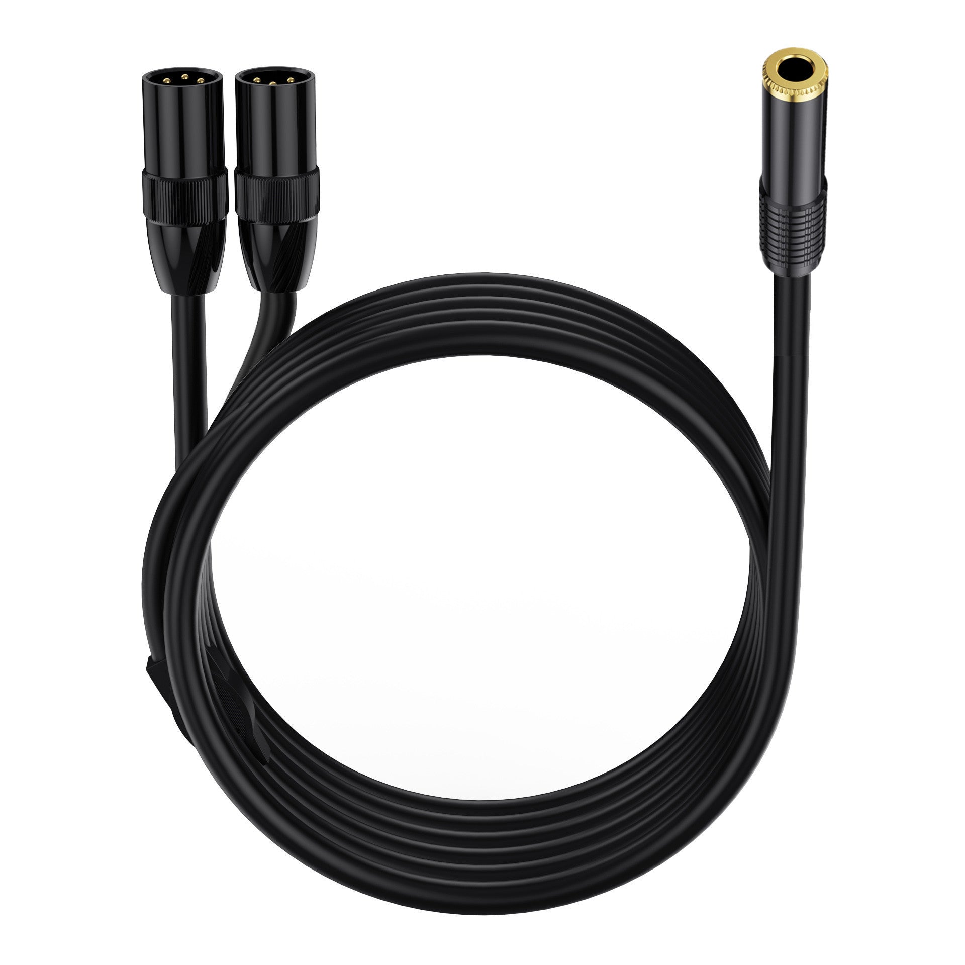 A black cable with a 6.35mm TRS female connector on one end and a dual XLR 3-pin male Y splitter on the other, with 24K gold-plated connectors.