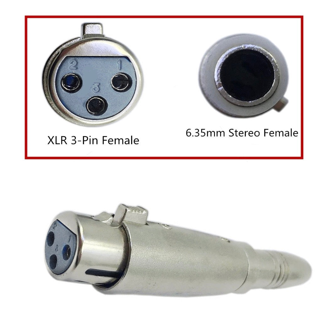 XLR 3-Pin Female and 6.35mm Stereo Female connectors on a white background
