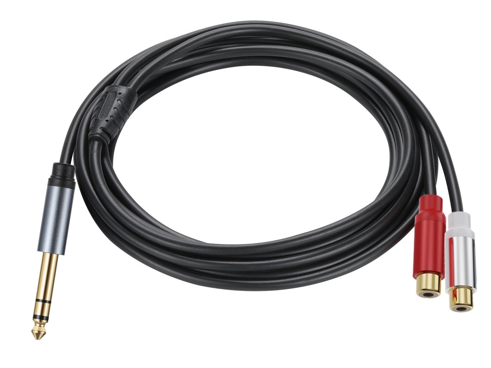 A black cable with a 6.35mm TRS male jack on one end and dual RCA female connectors on the other end.