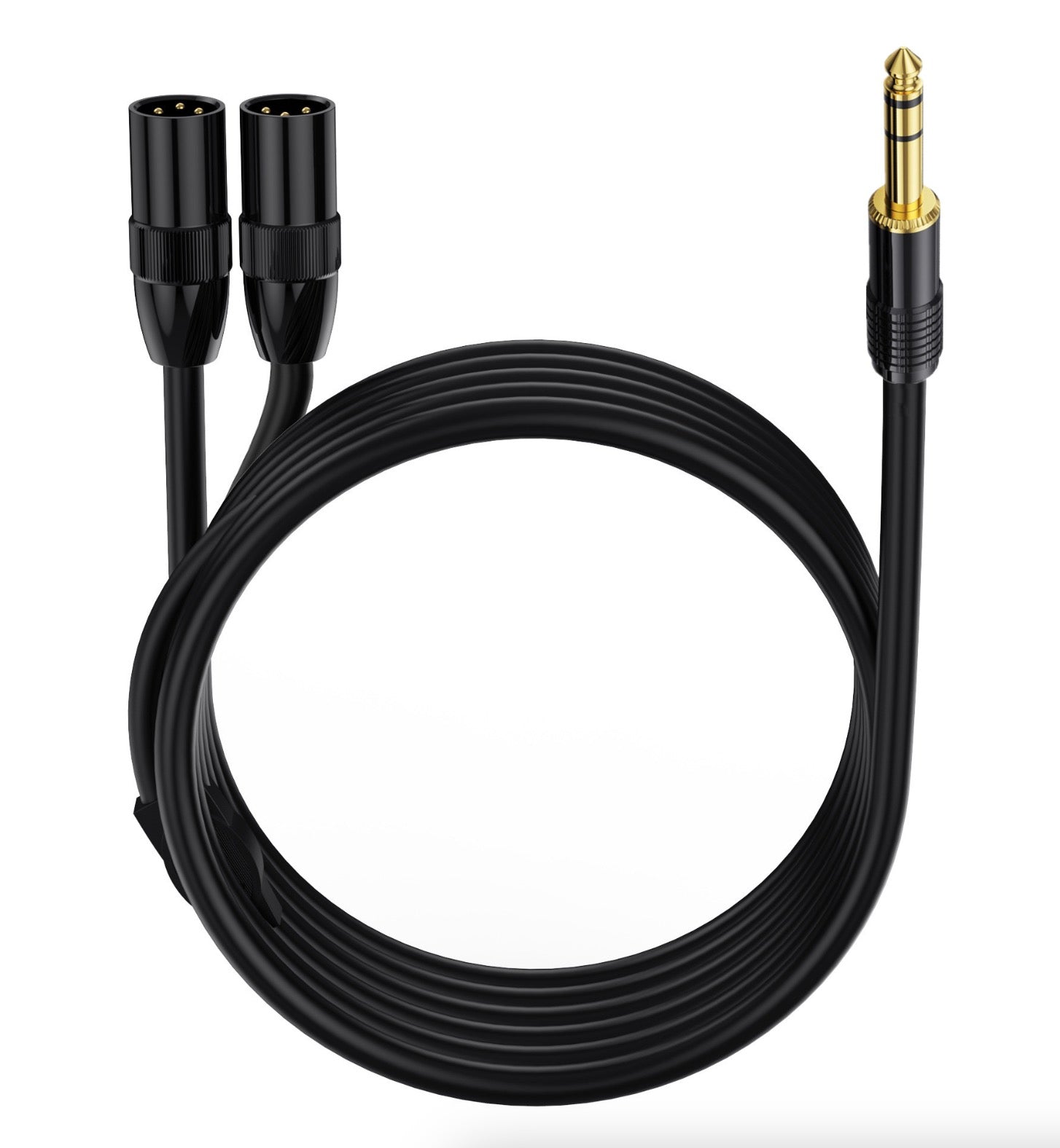 A black stereo unbalanced audio cable with a 6.35mm TRS male plug on one end and dual XLR male connectors on the other end.