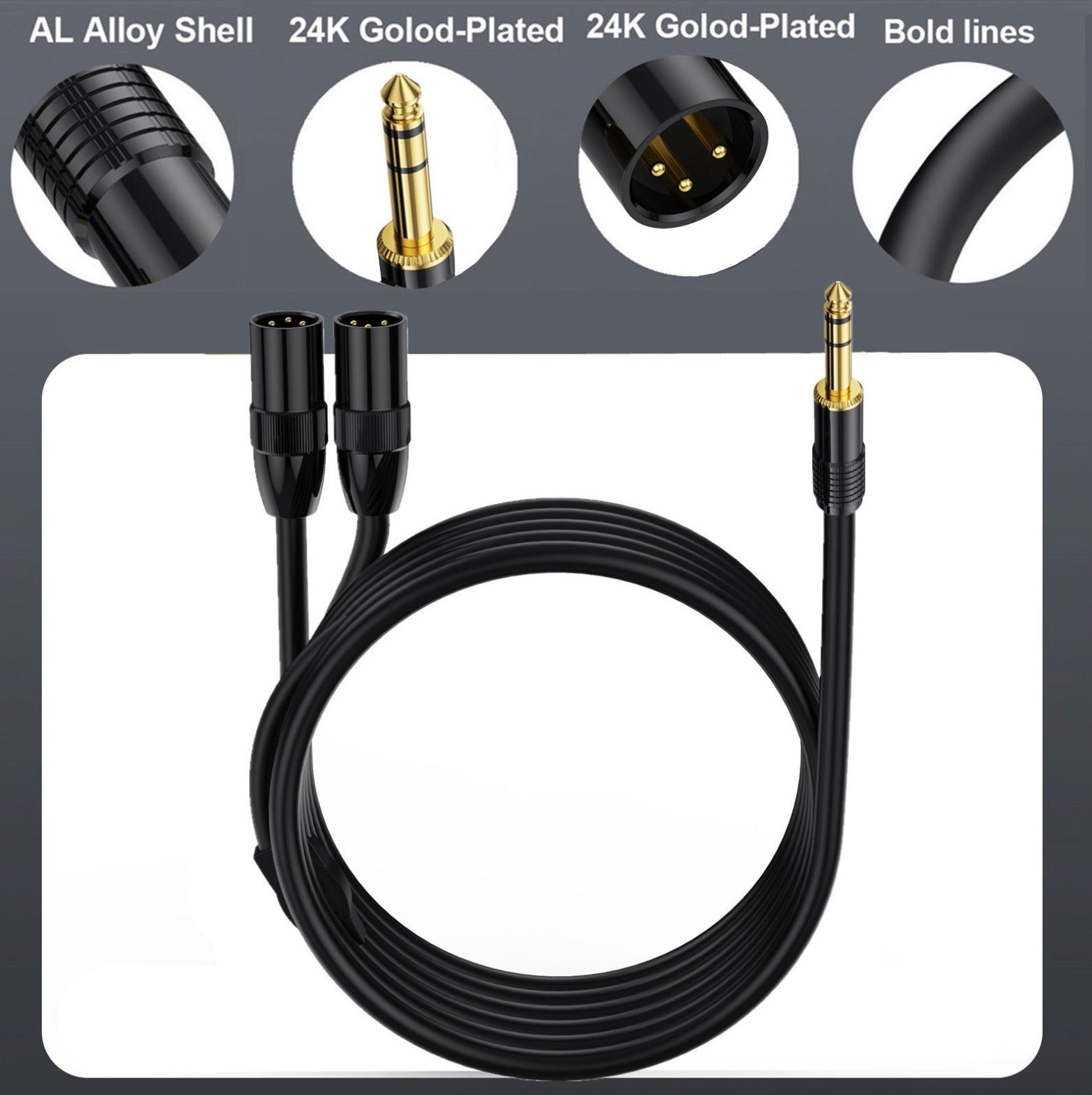 6.35mm TRS jack to dual XLR male connectors close up