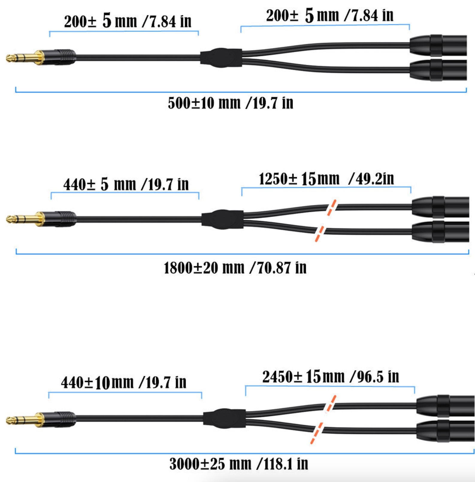 1/4 inch stereo to two XLR male audio lead