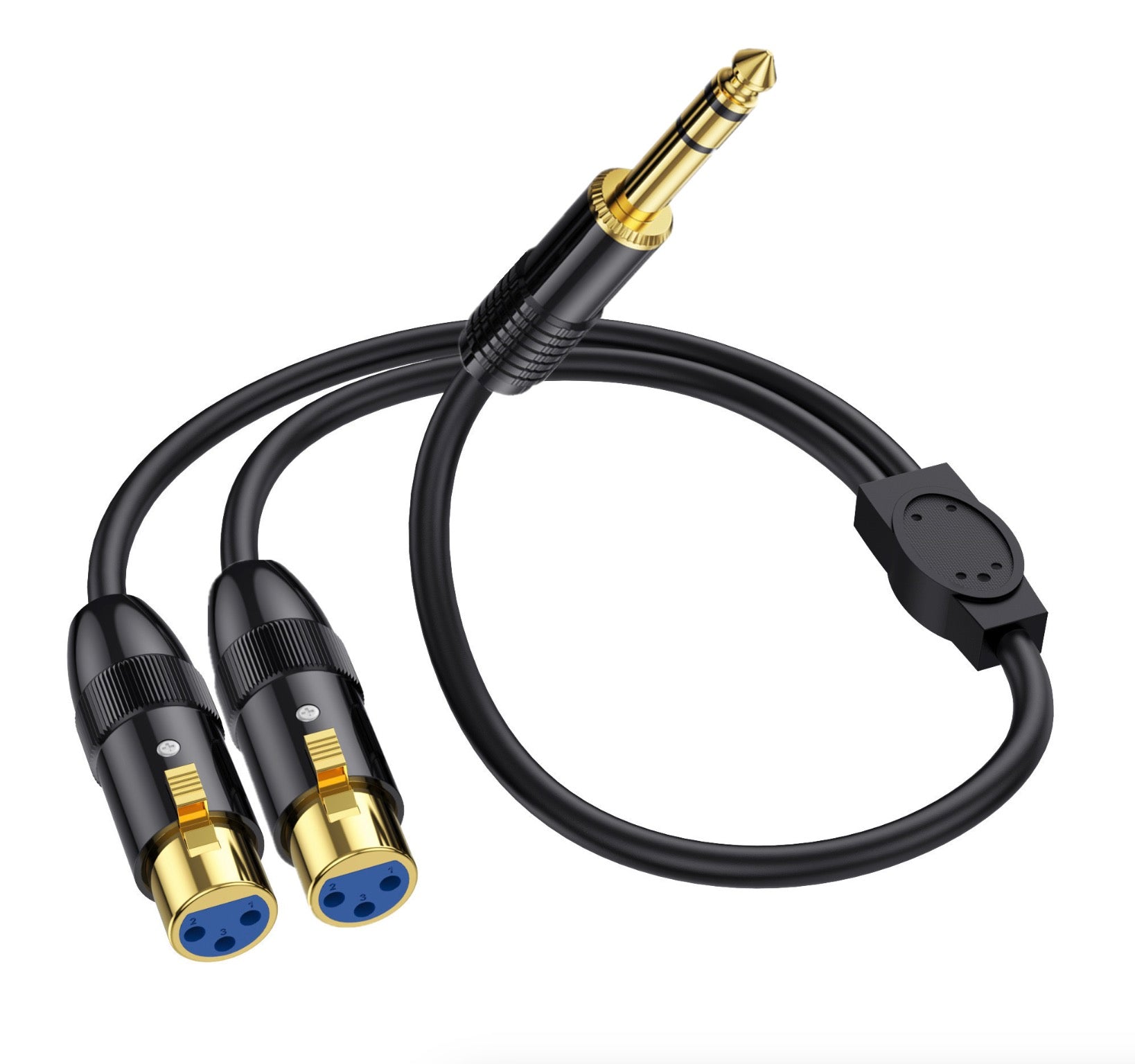 6.35mm TRS jack to dual XLR female connectors close up