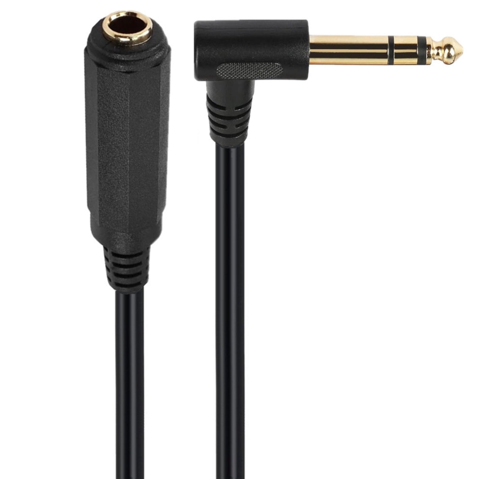 A black 6.35mm TRS male to female instrument extension cable with gold-plated connectors and a ferrite core.