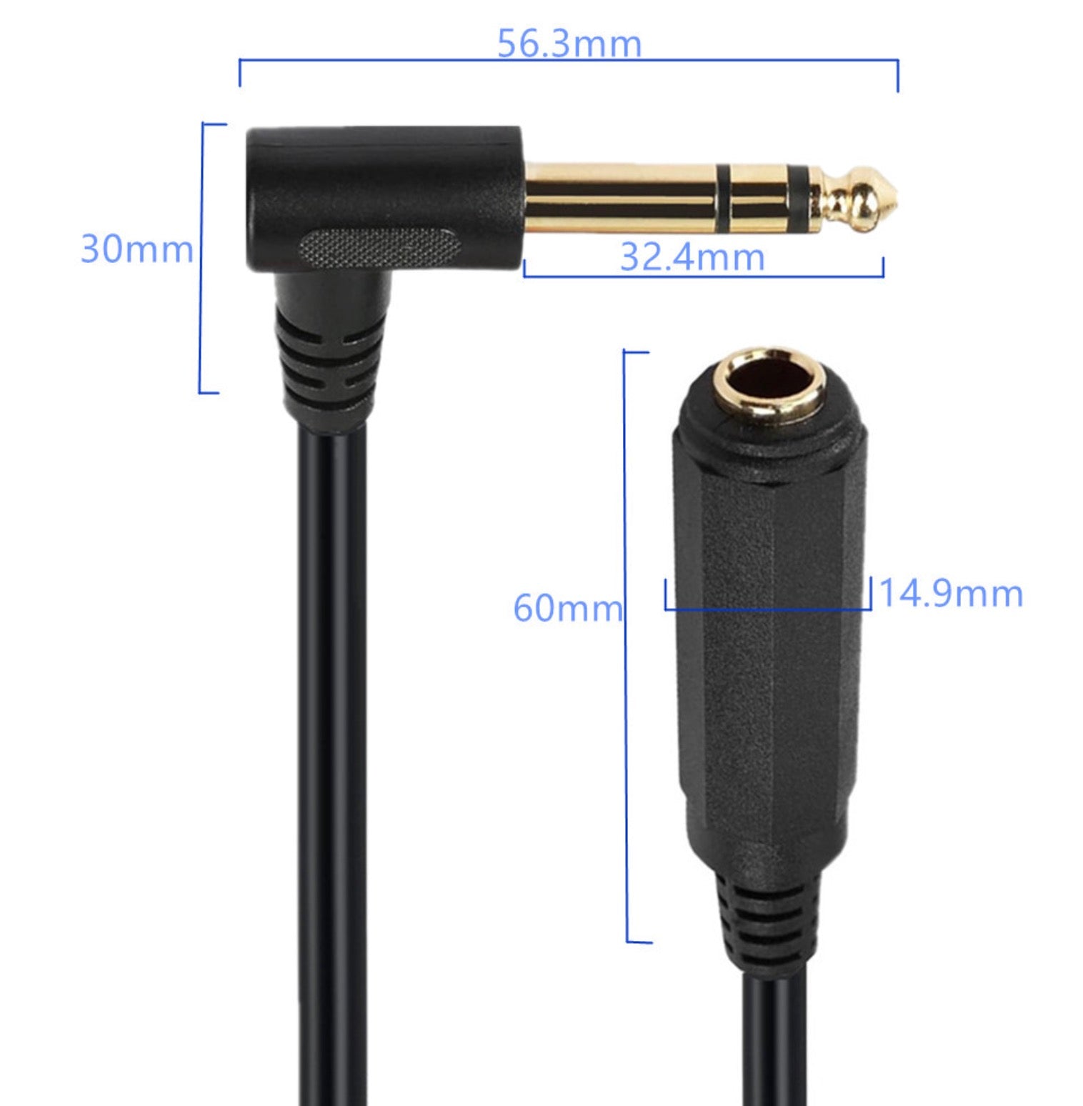 Gold plated 6.35mm TRS extension cable close up