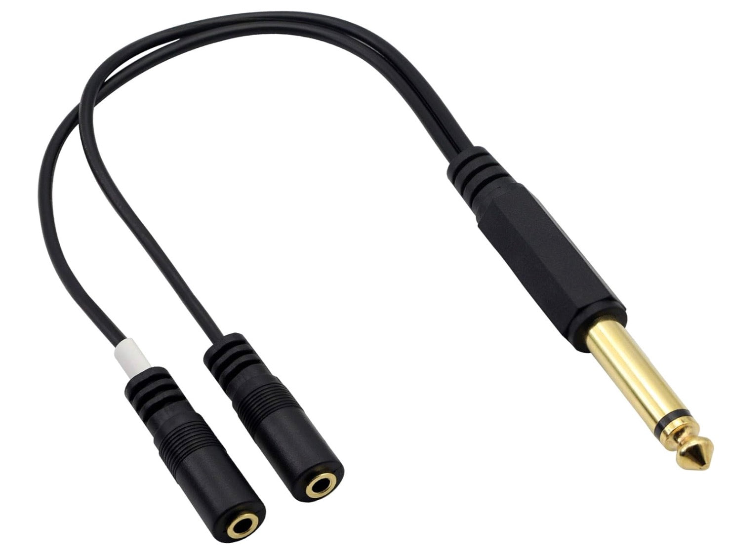 A black stereo audio cable with a 6.35mm male connector on one end and a 3.
