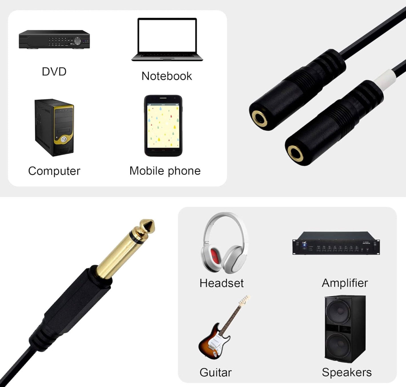 1/4 inch stereo plug to dual 3.5mm female headphone splitter adapter
