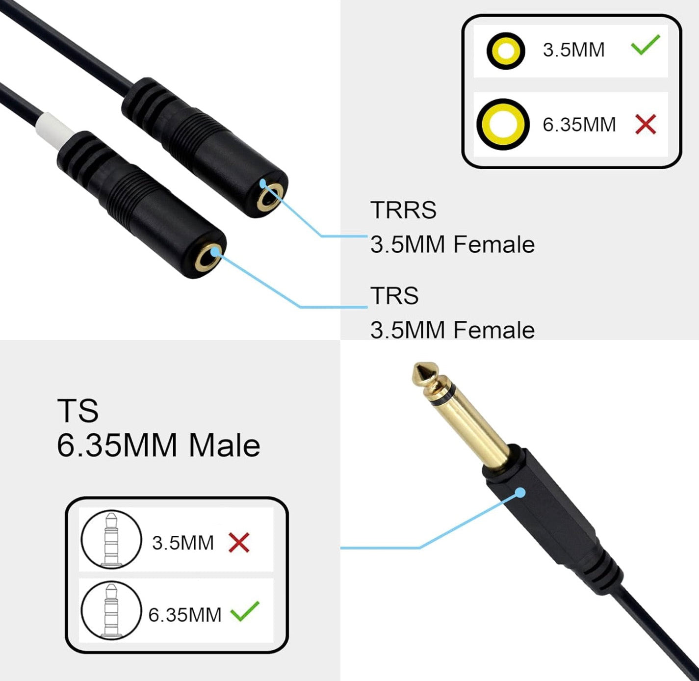 Gold-plated 6.35mm to 3.5mm TRRS stereo audio splitter cable