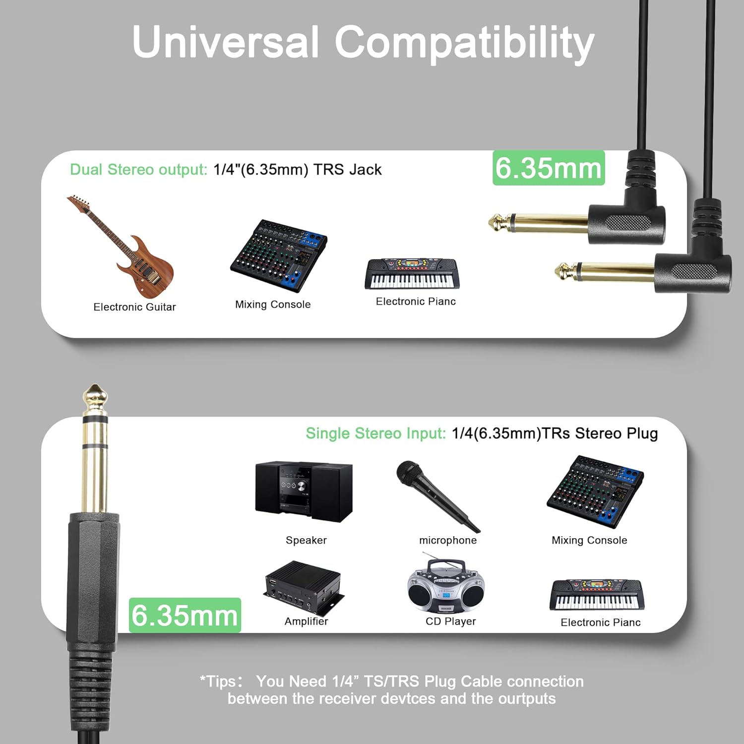 6.35mm TRS to dual 6.35mm TS angled audio splitter cable