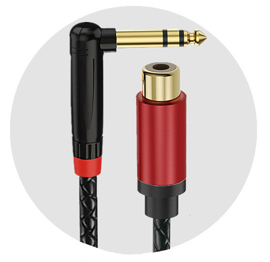 Audio cable with black and red design on a white background
