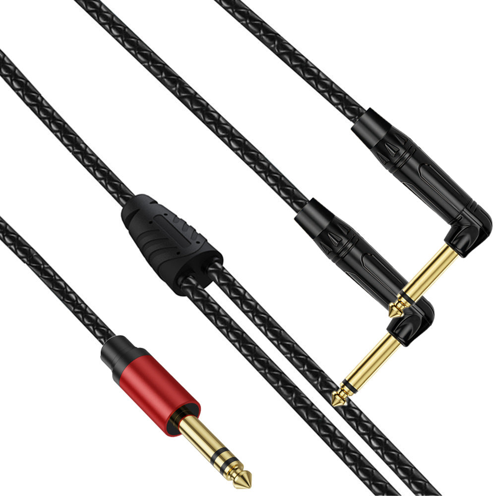 Two audio cables with gold and red connectors on a white background