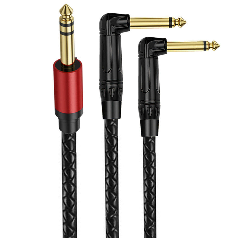 6.35mm TRS to dual 6.35mm TS right-angle audio splitter cable with braided jacket and gold-plated connectors