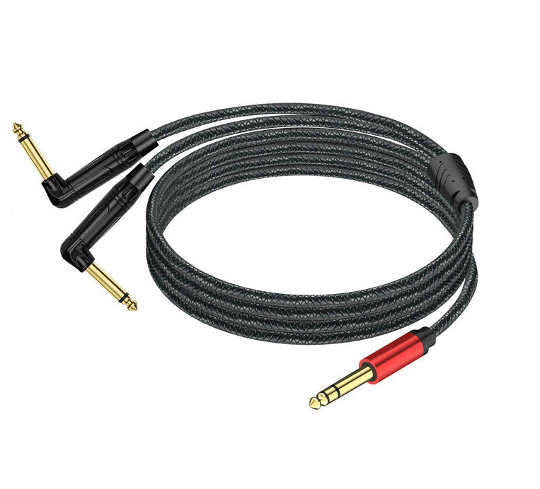 Braided audio cable with gold and red connectors on a white background