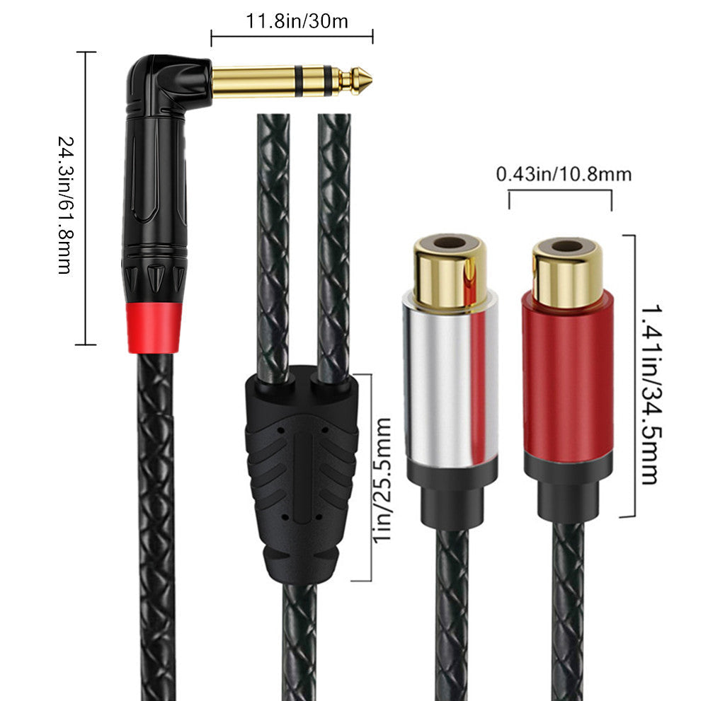 Audio cable with measurements on a white background