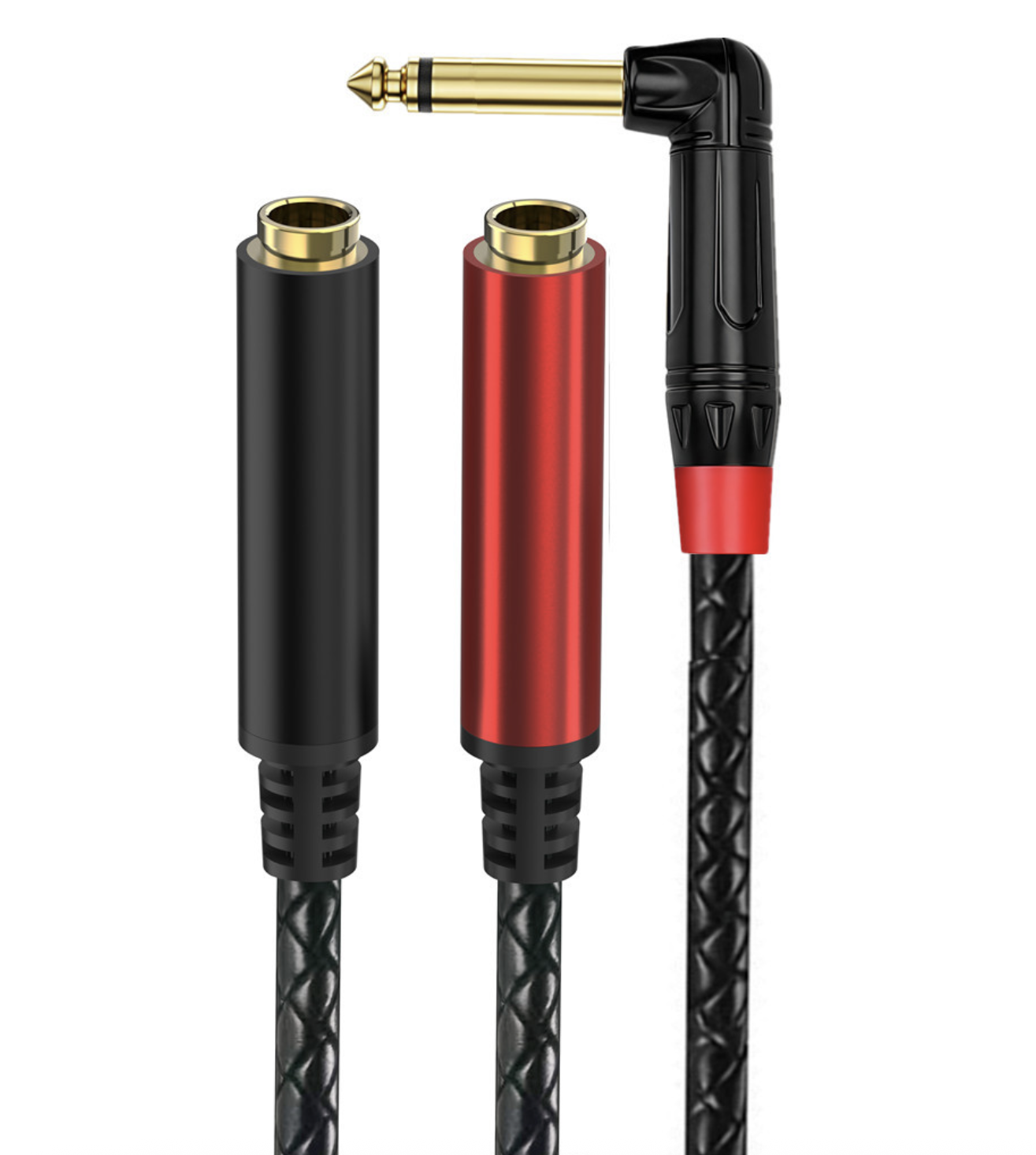 Audio cable with black and red connectors on a white background
