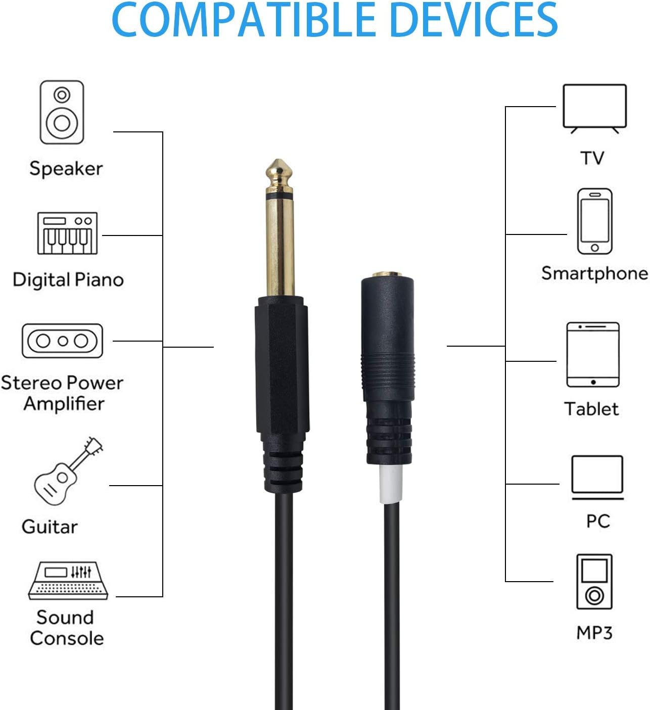 mono ts jack extension cable 6.35mm to 3.5mm