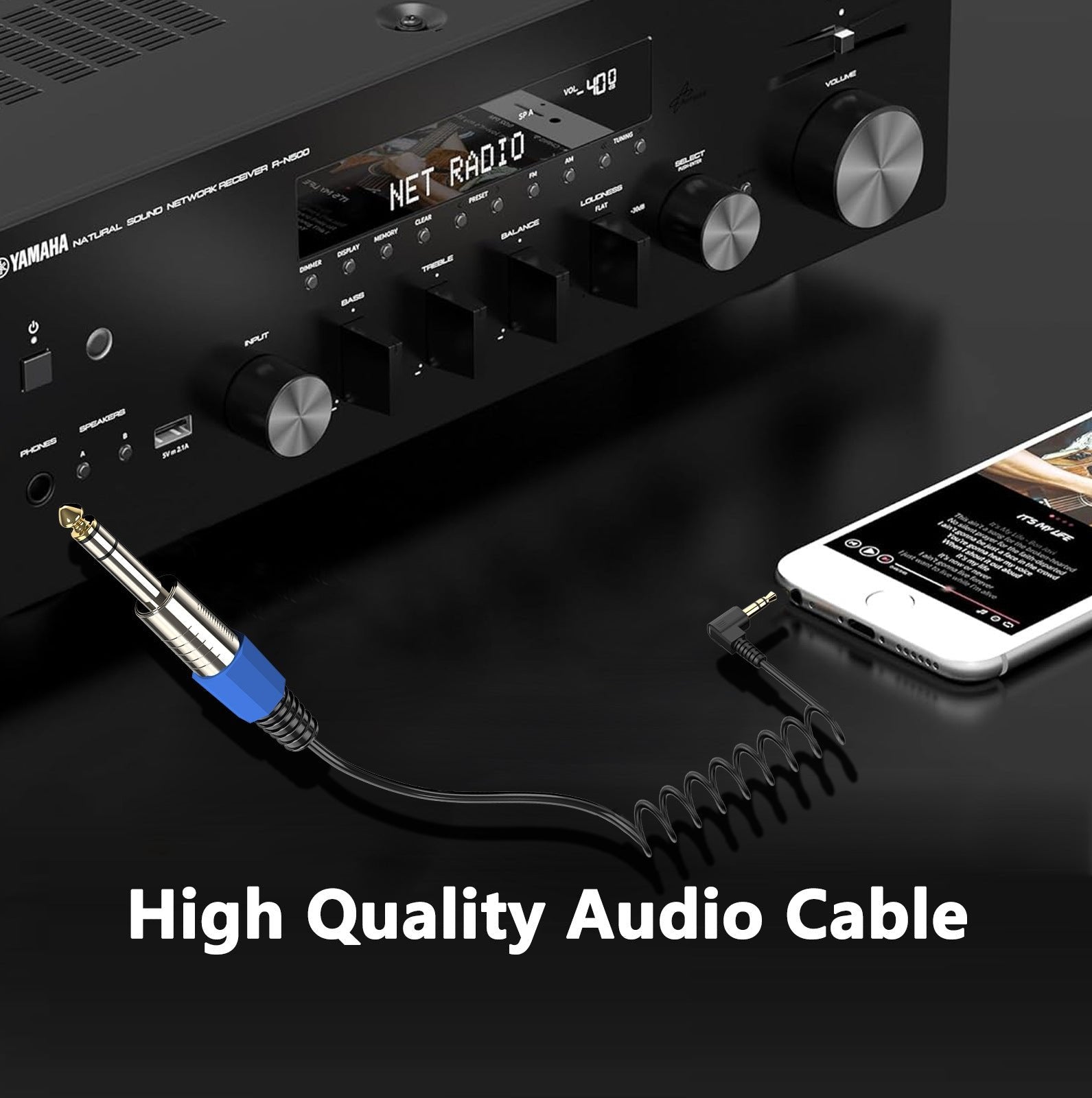 6.35mm to 3.5mm stereo coiled audio cable angled plug