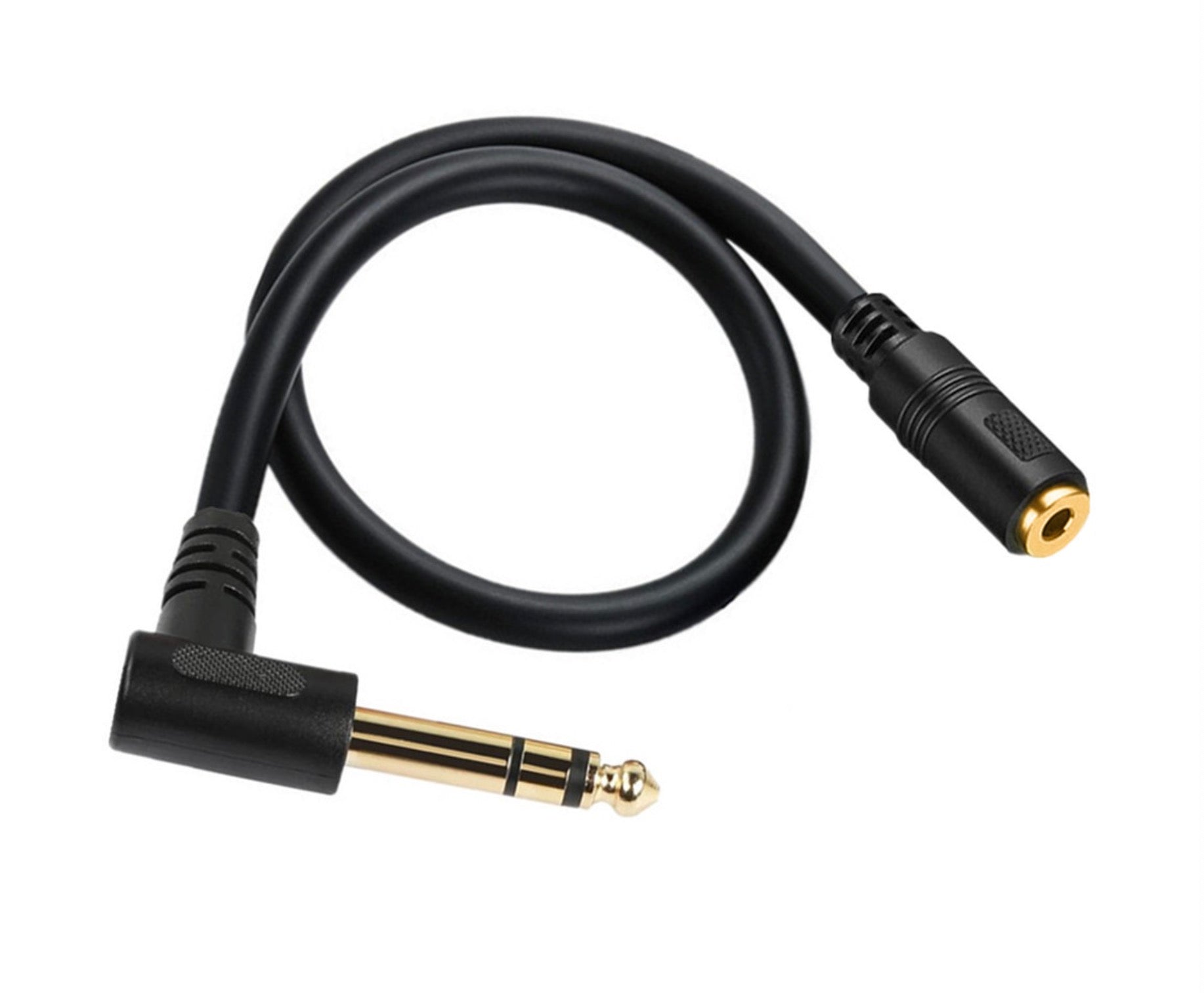 Black audio cable with 90-degree bend, featuring gold-plated connectors on a white background.