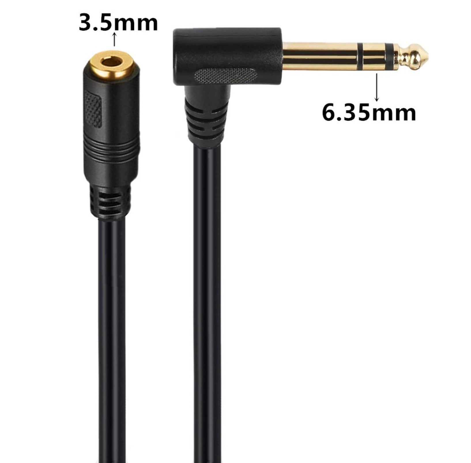 Black audio cable with 3.5mm and 6.35mm connectors on a white background