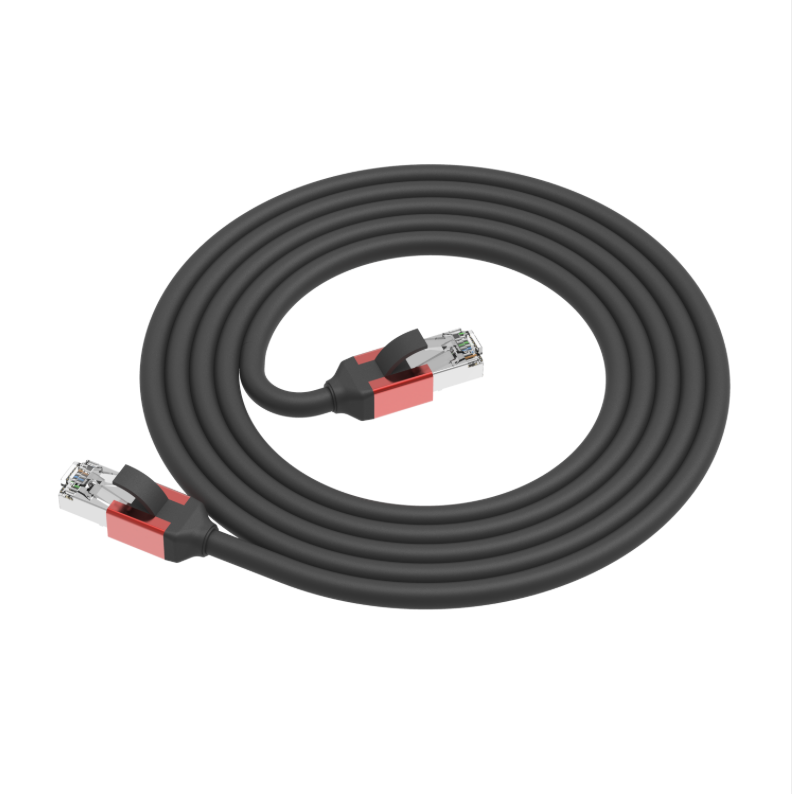 Coiled Ethernet cable with red and black connectors on a white background