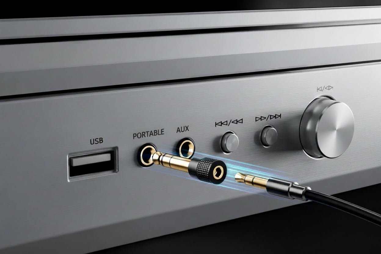Audio equipment with USB and headphone ports, featuring text about secure fit and no signal drop.