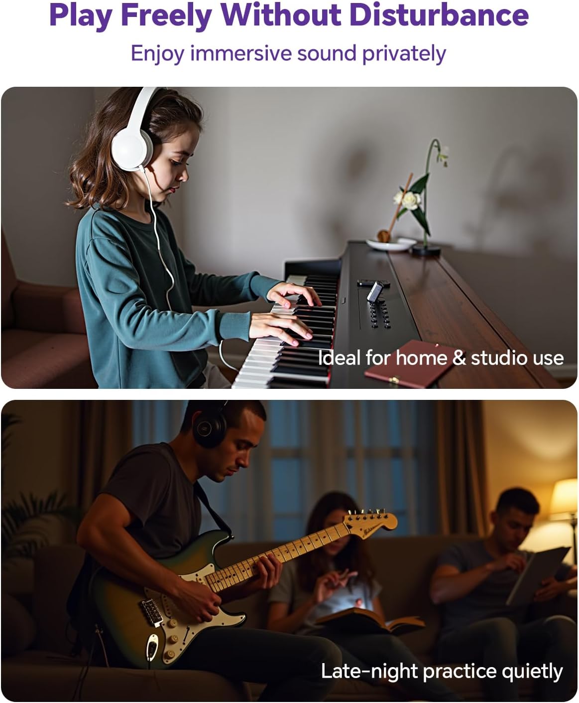 Two people using headphones for music practice in a home setting.