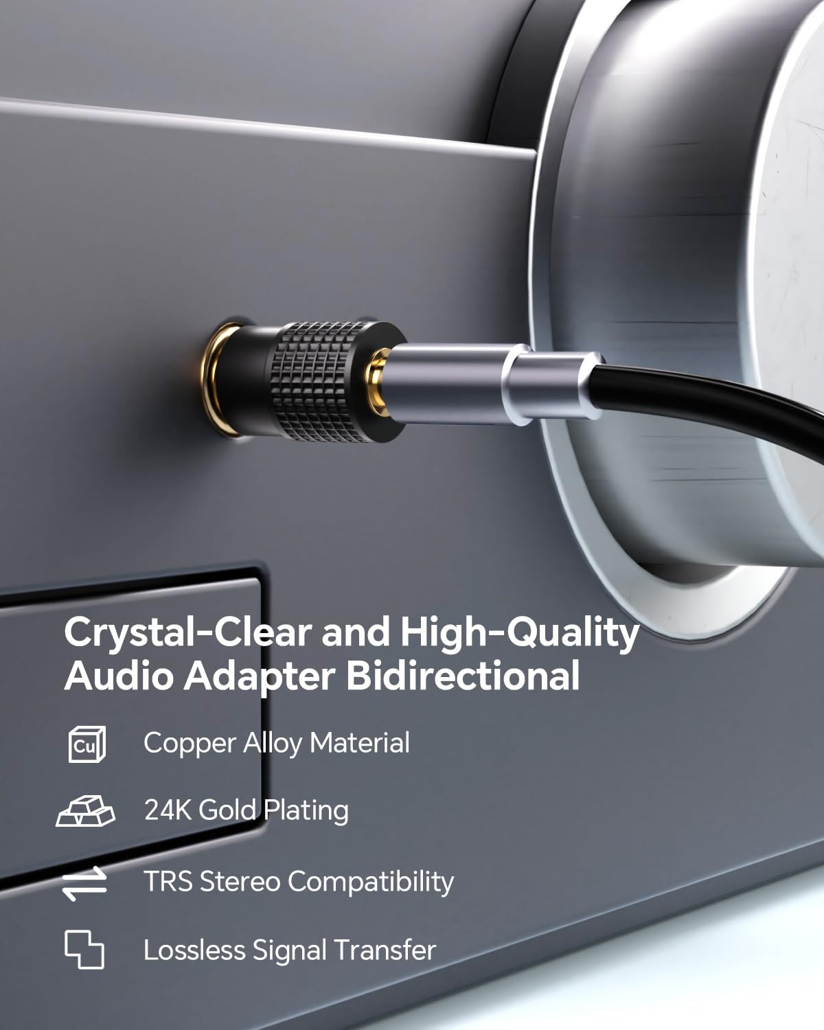 Audio adapter with 24K gold plating and copper alloy material on a gray background