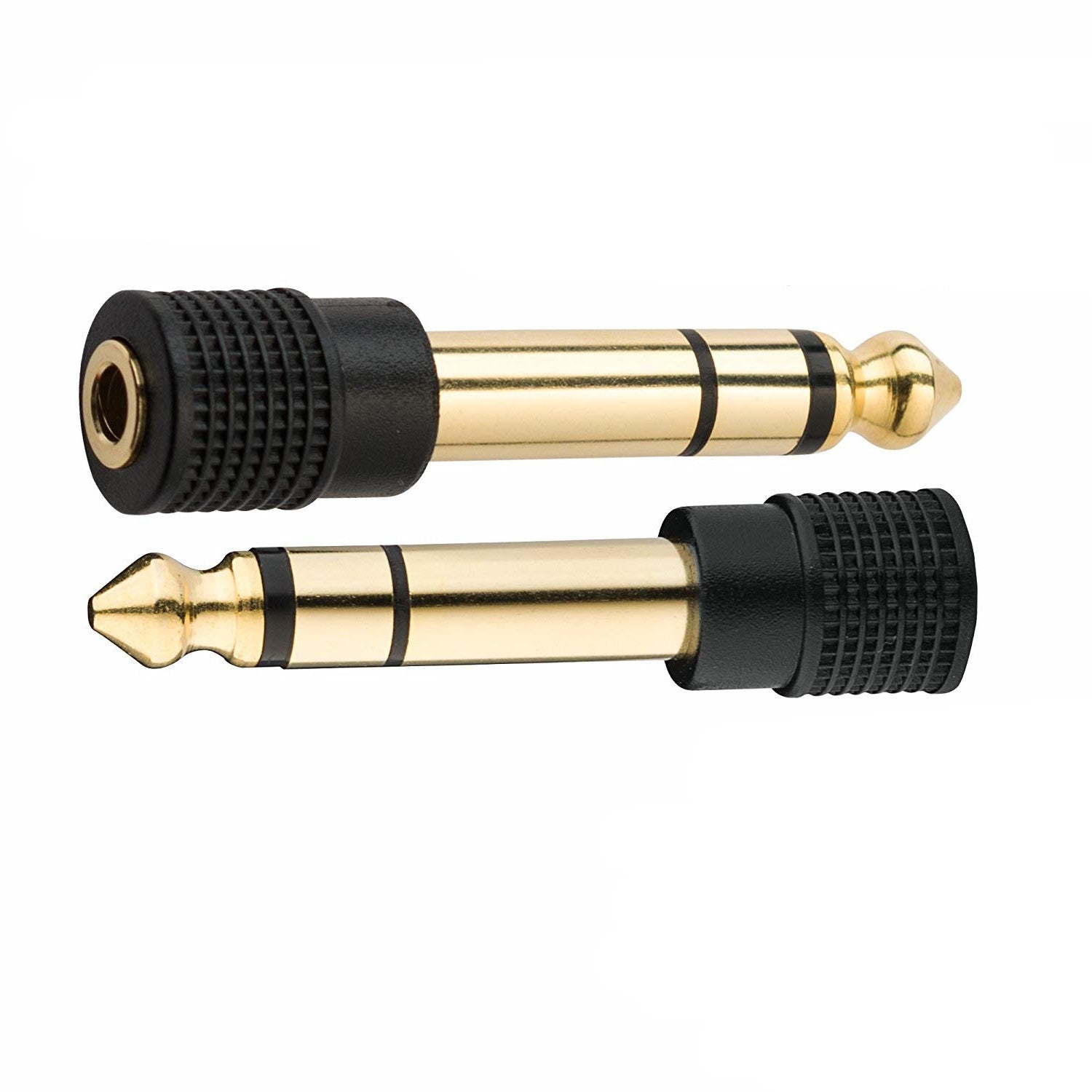 Two audio connectors, one with a 3.5mm plug and the other with a 6.35mm plug, on a white background.