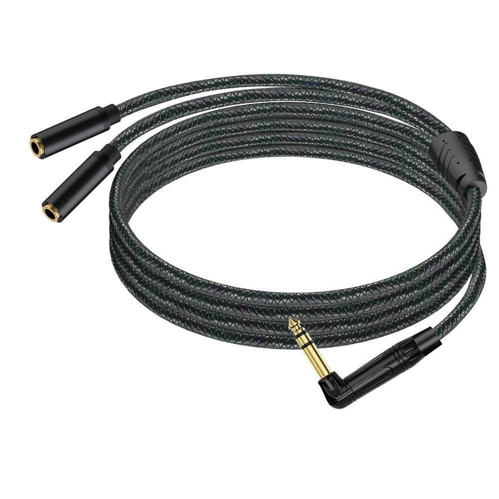 Black audio cable with gold connectors on a white background
