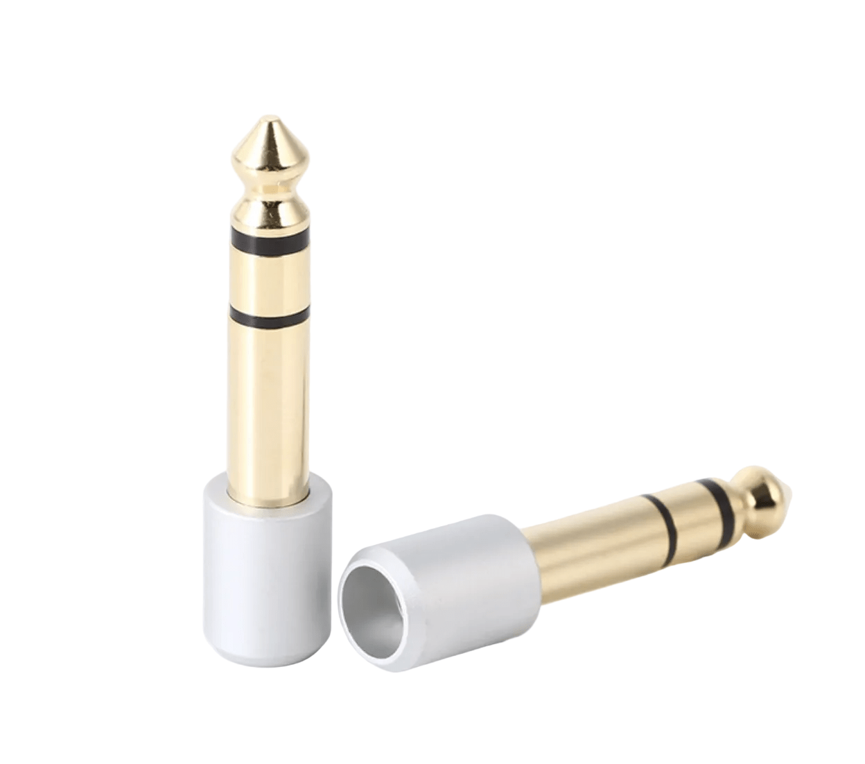Two audio connectors, one gold and one silver, on a white background.