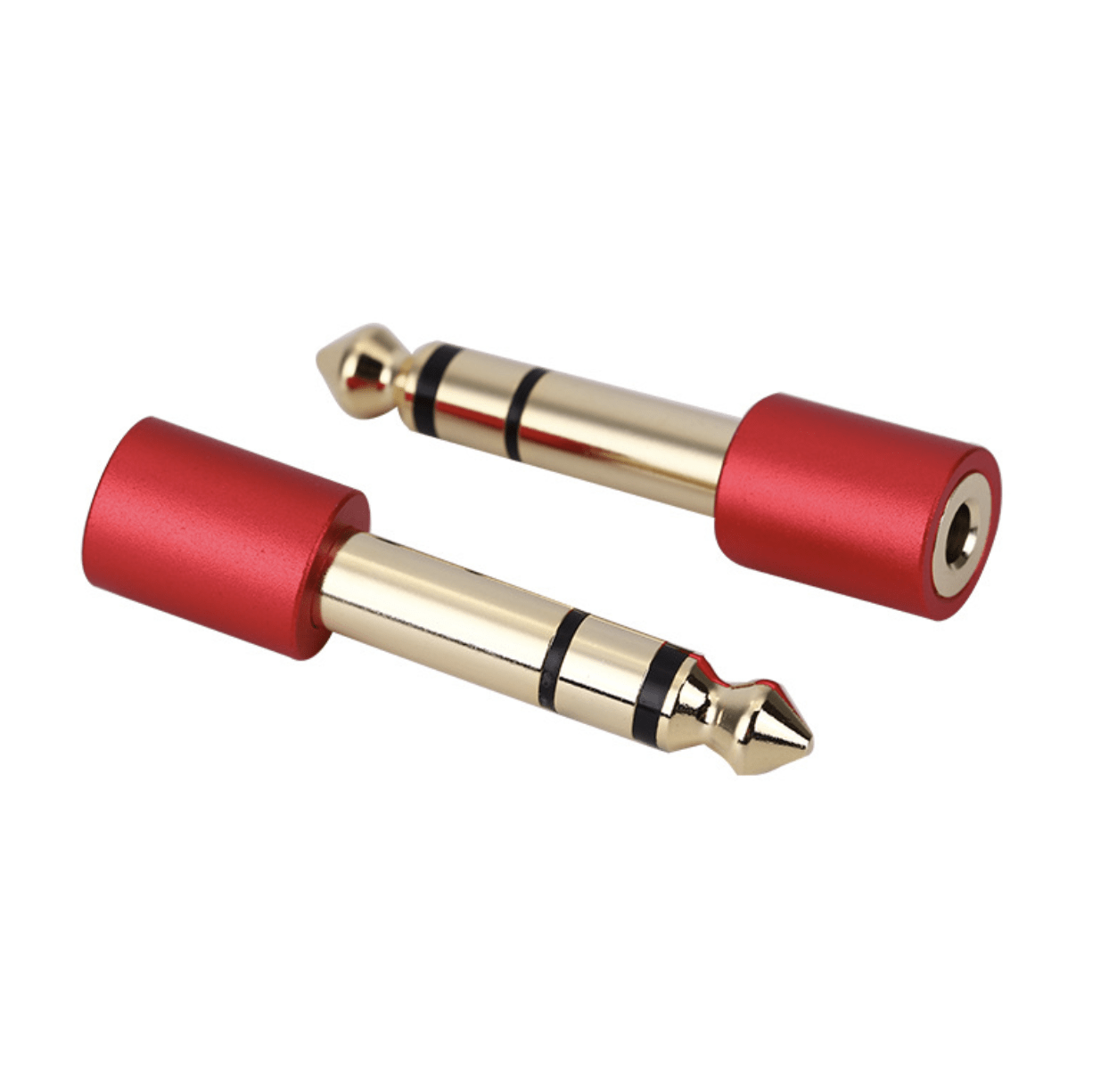Two audio plug adapters, one red and one gold, on a white background.