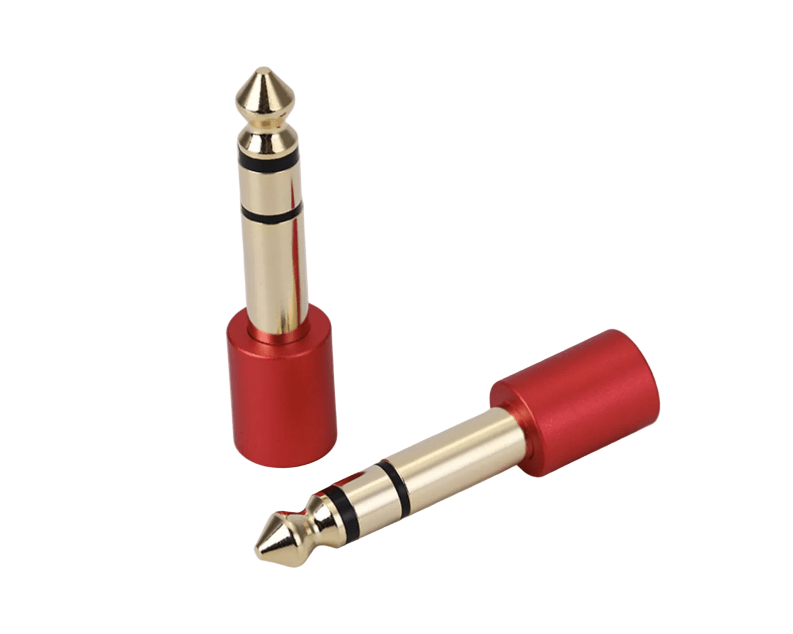 Two audio connectors, one red and one gold, on a white background