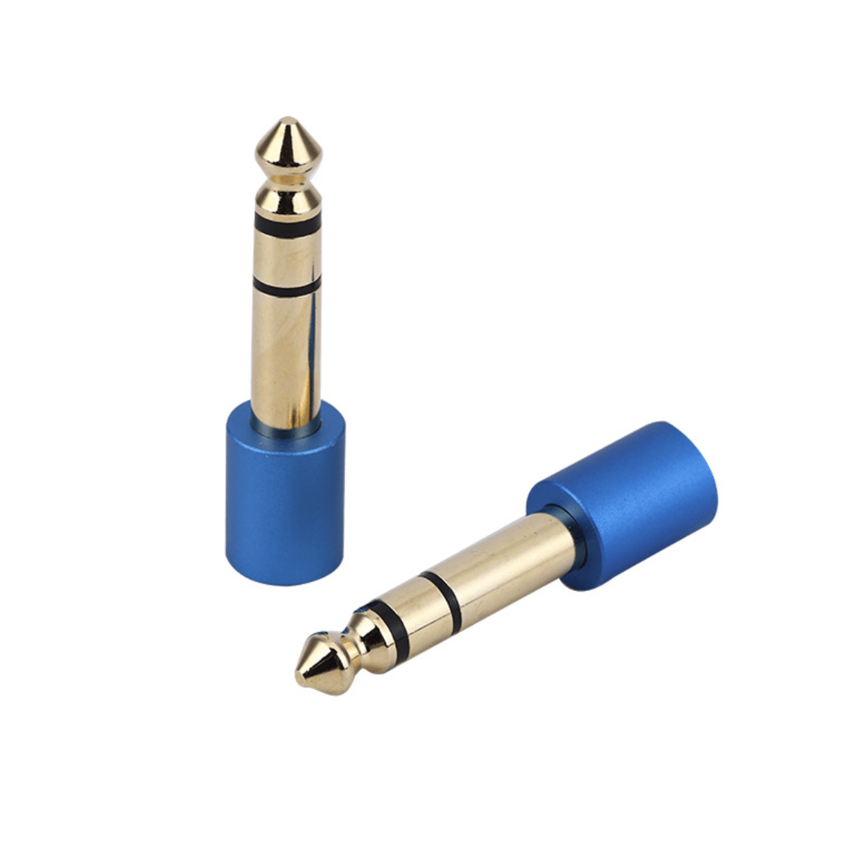 Two audio connectors, one gold and blue, the other silver and blue, on a white background.