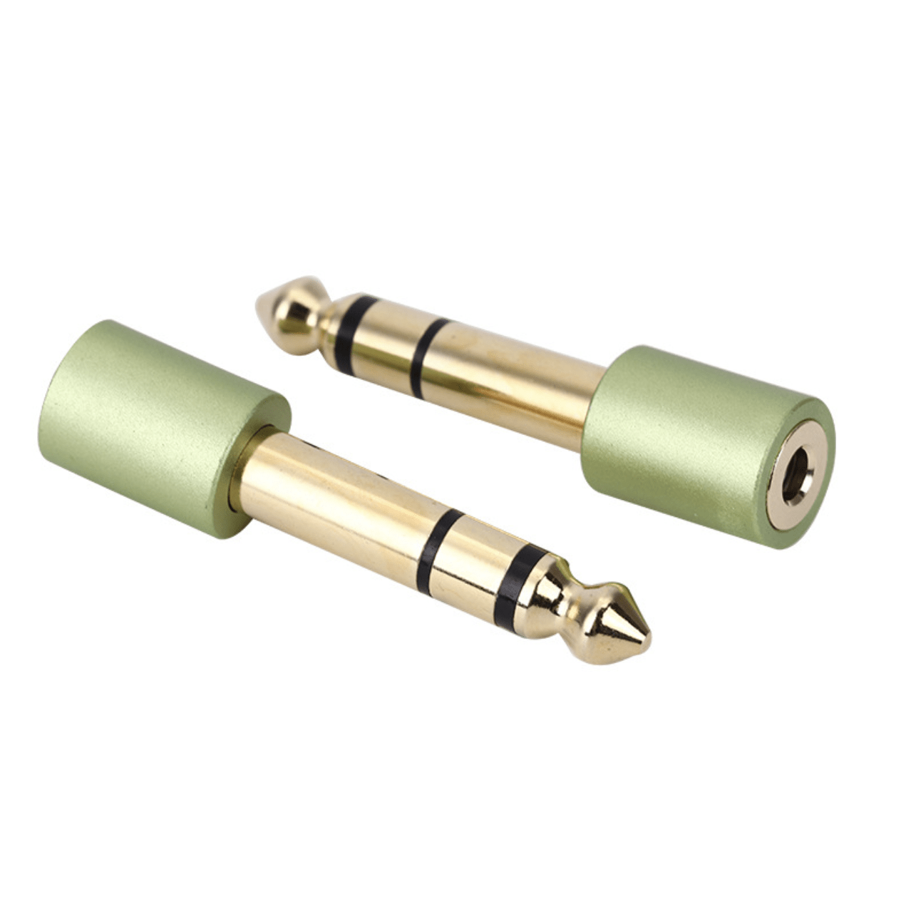 Two audio connectors, one green and one gold, on a white background.