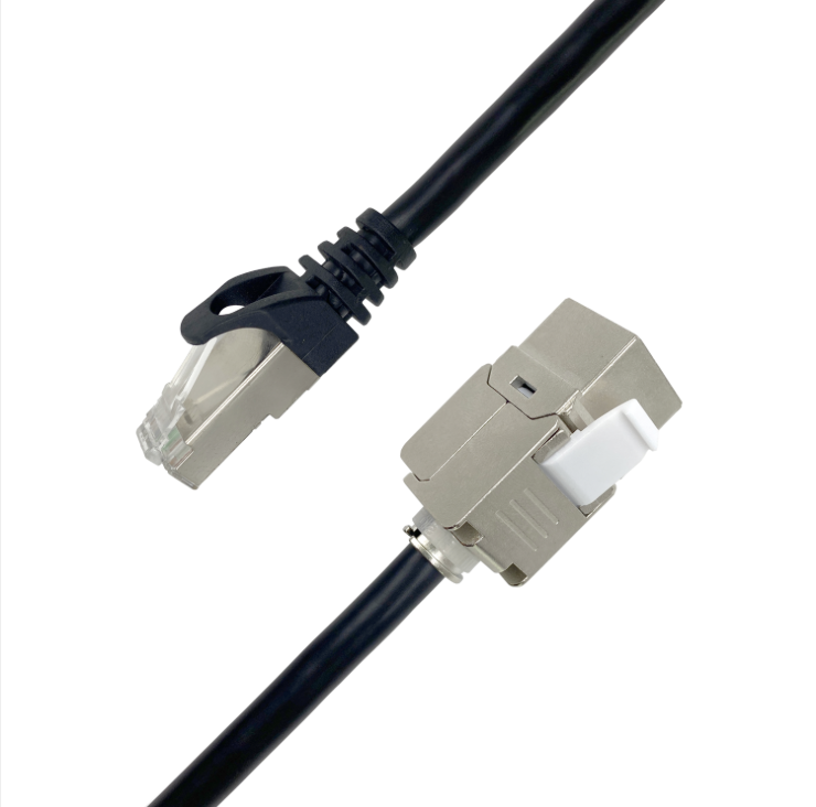CAT6A S/FTP consolidation point cable with RJ45 plug to keystone jack on white background