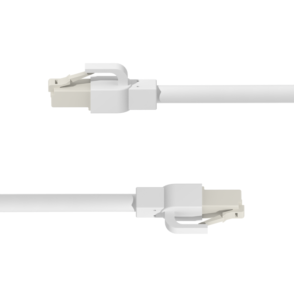 White Ethernet cable with connectors on a white background