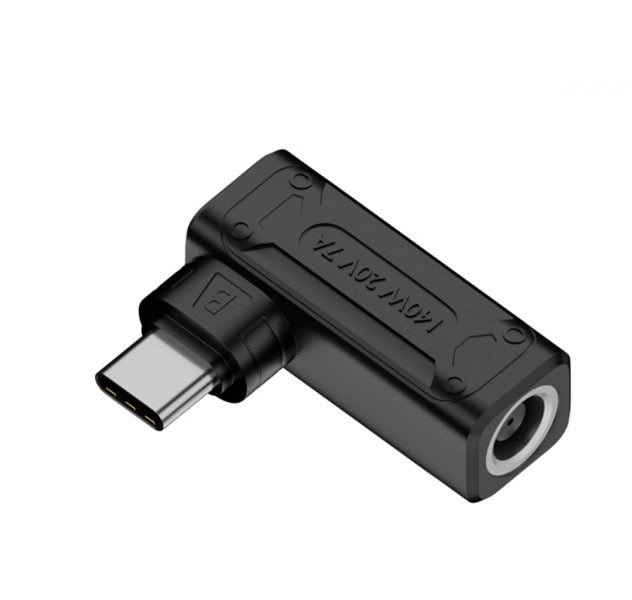 A black angled male USB-C laptop power plug charging adapter.